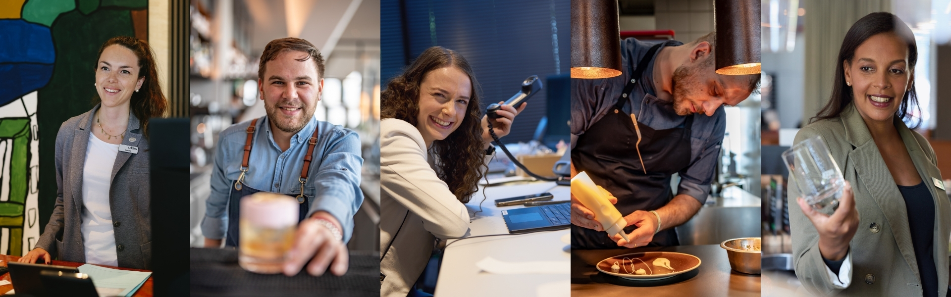 Mitarbeitende in verschiedenen Bereichen eines Adina Hotels von Rezeption über Bar und Büro bis zur Küche mit vielfältigen Karrieremöglichkeiten bei Adina Jobs