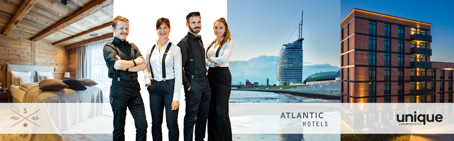 Außenansicht der Atlantic Hotels Sail City Bremerhaven und Atlantic Hotel unique Bremen mit Angestellten.