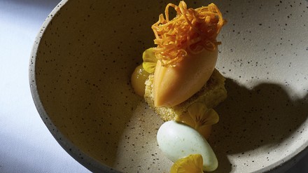 Jaimy Reisinger setzt bei diesem Pré-Dessert aus Karotte, Estragon und Zitrone auf pflanzliche Zutaten. Jaimy Reisinger setzt bei diesem Pré-Dessert aus Karotte, Estragon und Zitrone auf pflanzliche Zutaten.