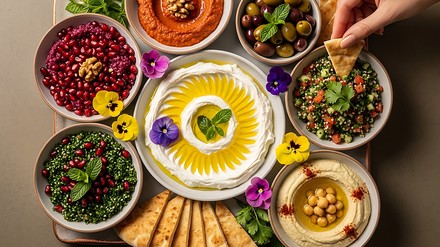 Mezze Orientalische Mezze mit Hummus, Kräutern und Granatapfel