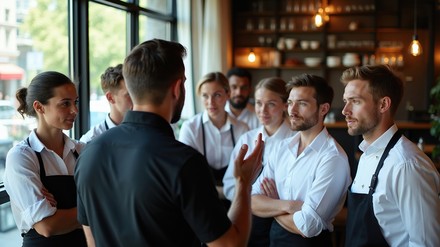 Briefing Briefing, Restaurantleiter brieft seine Servicekräfte