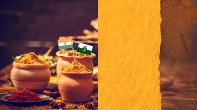 gelbe Gewürze in Tonschalen