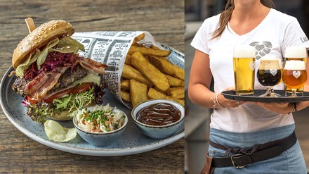 Burger mit Pommes und Bier von Maisel and Friends Burger mit Pommes und Bier von Maisel and Friends