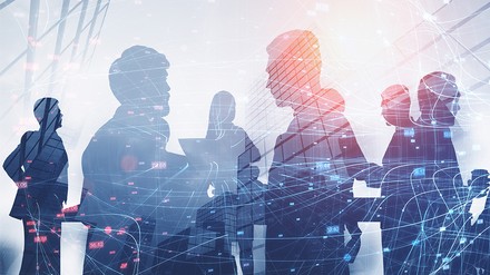 Silhouettes of business people, network