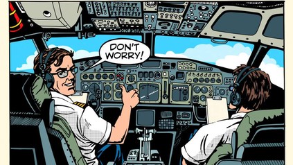 Zeichnung Pilot in Flugzeug sagt "don't worry!"