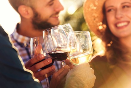 Eine Gruppe junger Leute, die mit Wein anstoßen