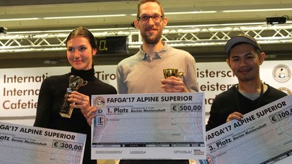 Die Sieger der Barista-Meisterschaft, Nicole Battefeld, Zsombor Kozma und Gijtipong Thangsubutr