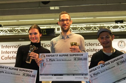Die Sieger der Barista-Meisterschaft, Nicole Battefeld, Zsombor Kozma und Gijtipong Thangsubutr
