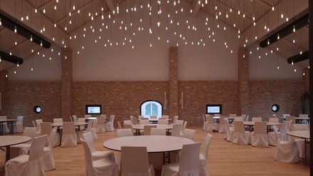 Im großen Veranstaltungssaal bilden Pendelleuchten einen romantischen Kerzenhimmel. (Foto: © Klaus Frahm)
Veranstaltungssaal des Hotels Breitenburg