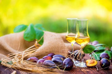 Zwei Gläser mit Obstbrand auf einem Tisch mit Pflaumen, Kräutern und Weizen