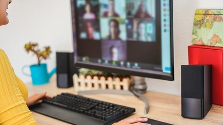 Frau führt eine Video-Konferenz am Computer