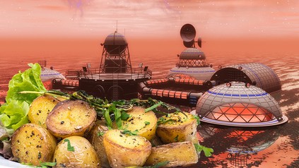 Eine Mars-Kolonie und ein Teller gebratener Kartoffeln