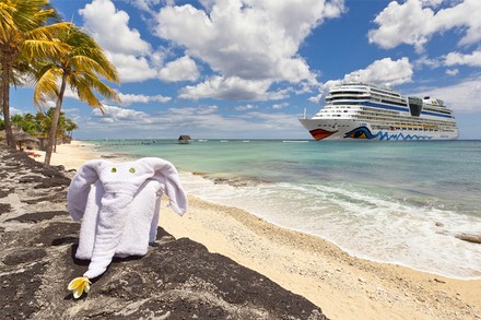 Ein zu einem Elefanten gefaltetes Handtuch vor einem Strand, im Hintergrund ein Kreuzfahrtschiff der AIDA