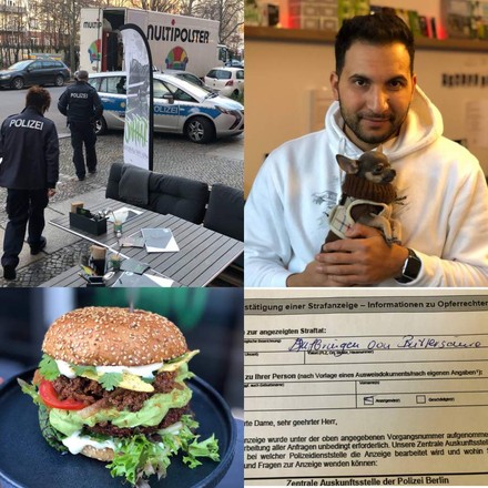 Eine Fotocoulage aus Bildern die einen Burger zeigen, die Strafanzeige mit der angezeigten Straftat, Attila Hildmann mit seinem Hund und Polizeiaufgebot vor seinem Restaurant
