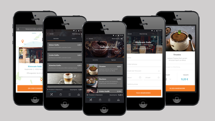 Fünf Smartphones auf denen eine App für Restaurantreservierungen und Bestellungen geöffnet ist