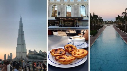 Fotocoulage von einer Innenstadt, einem REstaurant und einem Pool mit Palmen