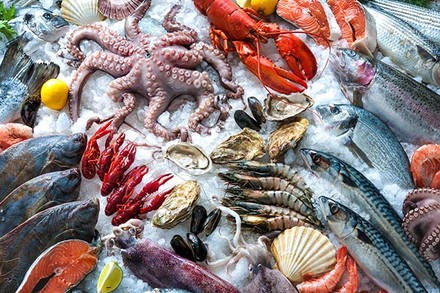 Diverse Meeresfrüchte und Fische auf Eis