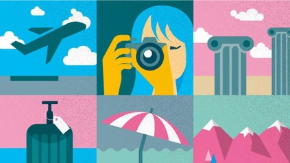 Eine Collage aus Abbildungen von einem abhebenden Flugzeug, einer Dame die fotografiert, altertümlichen Säulen, einem Koffer, einem Sonnenschirm am Strand und einem Skifahrer in den Bergen