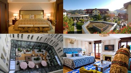 Eine Collage aus verschiedenen Fotografien von Hotels innen und außen