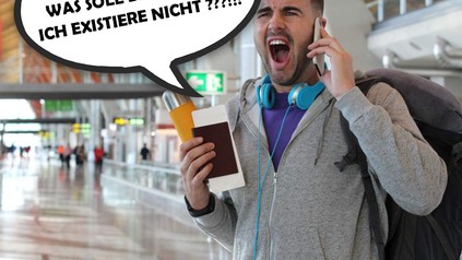 Ein wütender Fluggast schreit in sein Handy "Was soll das heißen, ich existiere nicht?"