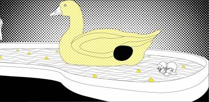 Eine Zeichnung eines Pools mit einer großen Ente mit einem Loch.