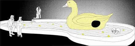 Eine Zeichnung eines Pools mit einer großen Ente mit einem Loch.