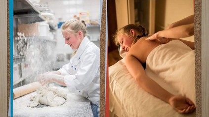 Zwei Fotos zeigen eine junge Frau beim Backen in der Küche und bei einer Rückenmassage