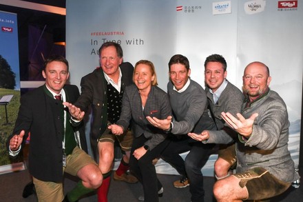 Florian Grösswang, Franz Klammer, Petra Stolba, Benni Rauch, Florian Phleps und Christian Kresse in Pyeongchang