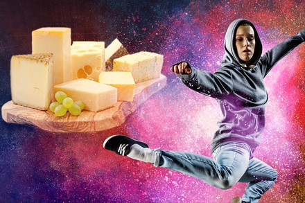 Eine Käseplatte neben einem Hip Hop Tänzer