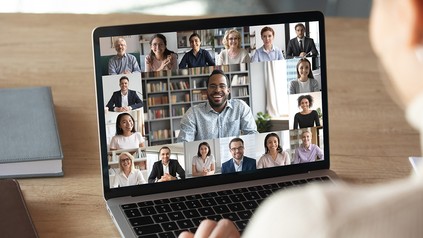 Freu spricht mit Kollegen in einer Online-Konferenz