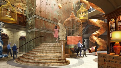 Eine Hotellobby mit interaktiven Attraktionen