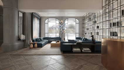 Das Interior von Innenarchitektin Oana Rosen wählte erwartungsgemäß ein tiefes Preußischblau und kombinierte es mit auffälligen Stilelementen. (Foto: © Hotel Luc)