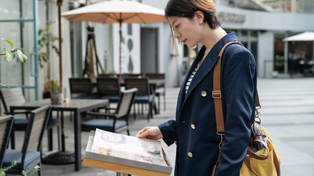 Frau schaut auf die Speisekarte vor einem Restaurant