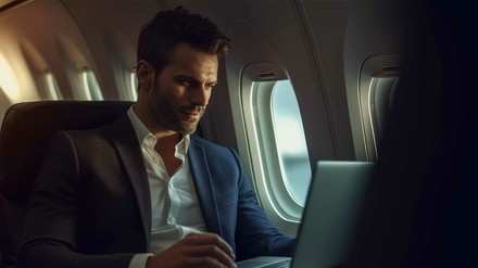 Ein KI-generiertes Bild von einem Mann in Anzug, der auf seinem Platz im Flugzeug sitzt und in seinen aufgeklappten Laptop schaut.