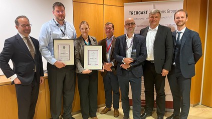 V. l. n. r.: Moritz Dietl (Geschäftsführender Partner Treugast Solutions Group), Max C. Luscher (B&B Hotels), Astrid Schafleitner (Motel One), Mark Anderson (Whitbread), Chris-Norman Sauer (Premier Inn), Michael Hartung (Premier Inn) und Michael Lidl Geschäftsführender Partner Treugast Solutions Group) (Foto: © TREUGAST Solutions Group)