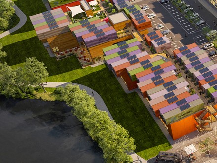 Die Container-Design-Hotelzimmer sollen auf den Dächern der Motorworld Manufaktur Berlin platziert werden. (Foto: © MOTORWORLD)