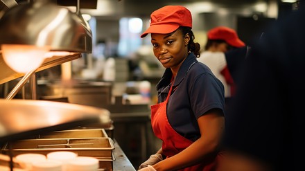 Schwarze Mitarbeiterin mit roter Schürze in einer Systemgastronomieküche