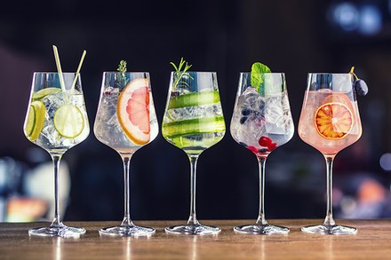 Fünf Gläser mit verschiedenen Ginzubereitungen