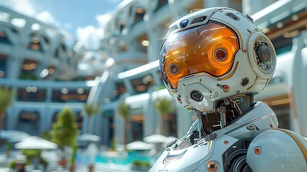 Service Roboter stehend vor einer Hotelanlage