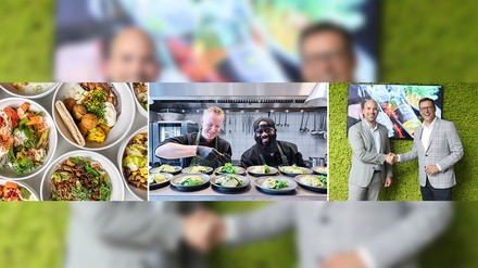 drei Bilder sind zu sehen, eines zeigt Speisen auf Tellern, eines zeigt zwei Köche beim Anrichten und das letzte Bild zeigt die beiden GF der Unternehmen beim Handschlag