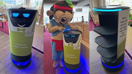 Serviceroboter in dreifacher Ansicht, mit Maskottchen