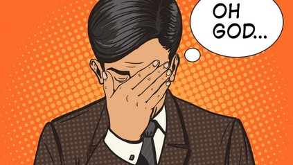 Mann hält sich die Hand vor den Kopf, Sprechblase (oh god)