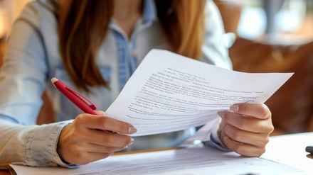 Junge frau liest einen Arbeitsvertrag