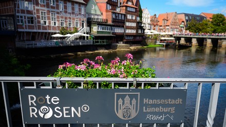 Der offizielle ‚Rote Rosen‘ Selfiepoint auf der Brausebrücke in der historischen Altstadt am Stint