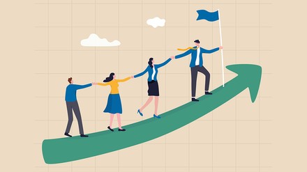 Grafik, vier Menschen ziehen an einem Strang und erreichen aufwärts ihr Ziel