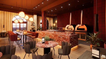 Visualisierung des modernisierten Gastraums von 60 seconds to napoli mit warmem Rot-Konzept, neuer Bar und prominent platzierten Pizzaöfen.