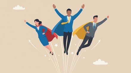 Geschäftsteam in Superhelden-Kostümen fliegt gemeinsam durch den Himmel als Symbol für Teamwork und unternehmerischen Erfolg