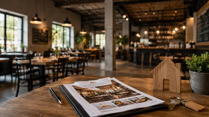 Unterlagen zur Pächtersuche liegen mit Stift und Schlüsseln auf einem Holztisch in einem modernen Restaurant. Daneben steht ein kleines Hausmodell aus Holz.