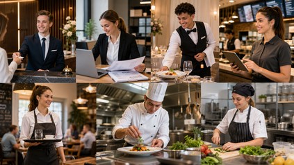 Collage mit sieben Ausbildungsberufen aus Hotellerie und Gastronomie: Rezeption, Hotelmanagement, Restaurant- und Veranstaltungsservice, Systemgastronomie, Gastronomieservice, Koch und Fachkraft Küche