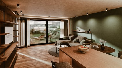 Visualisierung des Wohnbereichs einer neuen Bergsuite im Bergkristall mit Holzelementen, Sitzecke, Kitchenette und Zugang zur Terrasse.